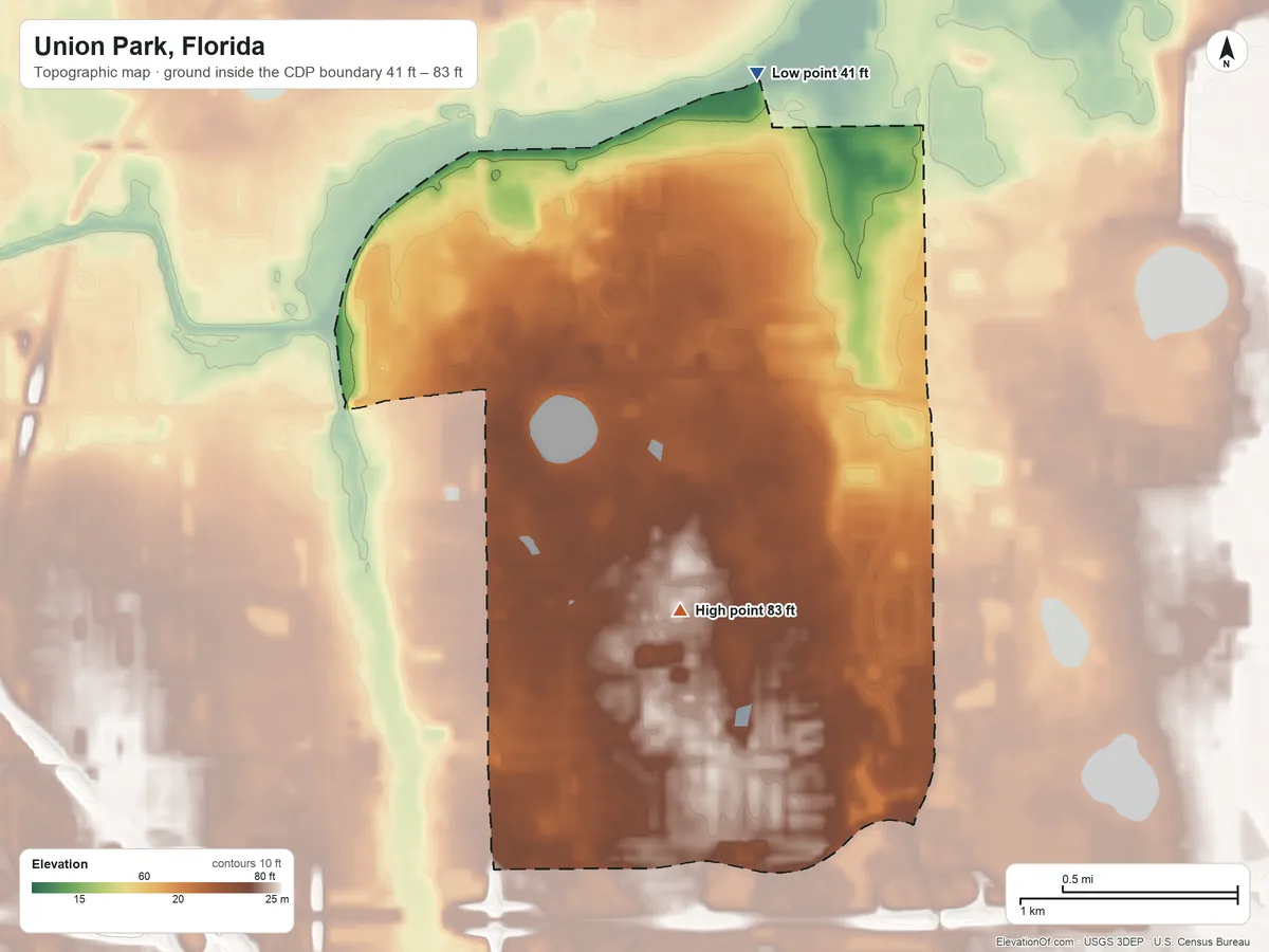 Topographic elevation map of Union Park, Florida, shaded from 41 ft on the north side to 83 ft near the middle