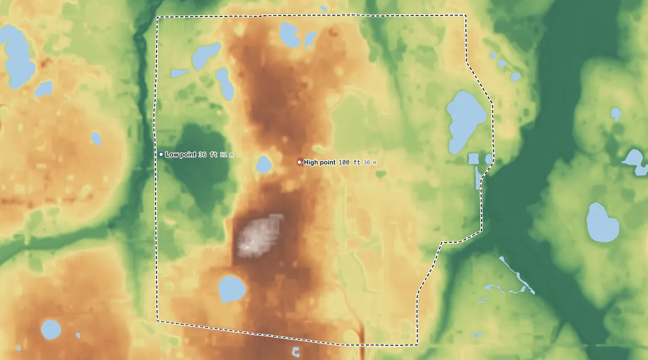 Topographic elevation map of University, Orange County, Florida, shaded from 36 ft on the west side to 100 ft near the middle