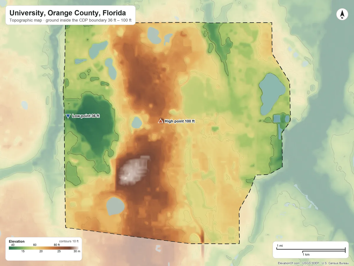 Topographic elevation map of University, Orange County, Florida, shaded from 36 ft on the west side to 100 ft near the middle