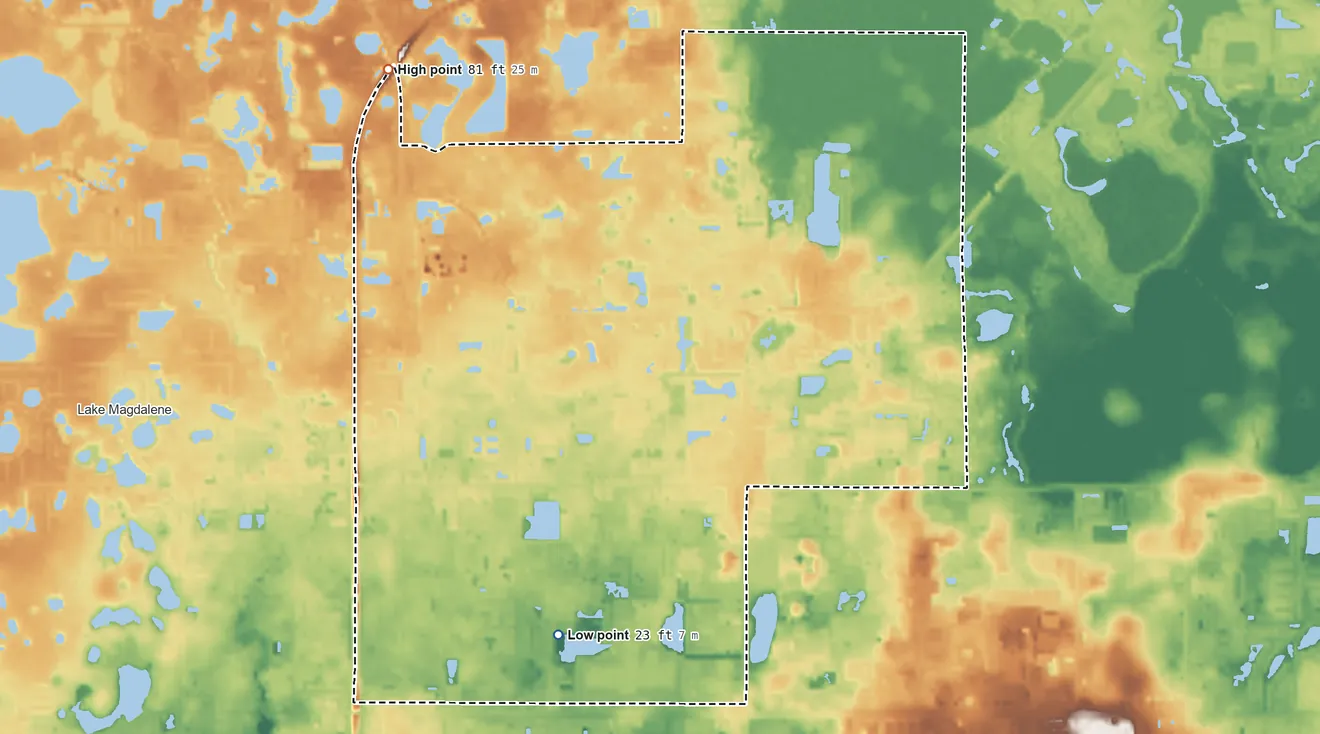 Topographic elevation map of University, Florida, shaded from 23 ft on the southwest side to 81 ft on the northwest side