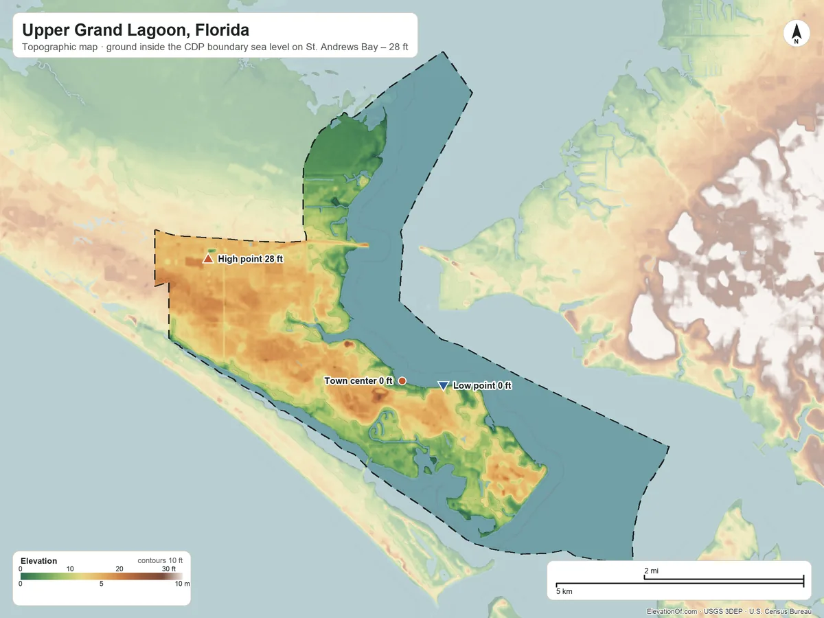 Topographic elevation map of Upper Grand Lagoon, Florida, shaded from sea level level on St. Andrews Bay to 28 ft on the northwest side