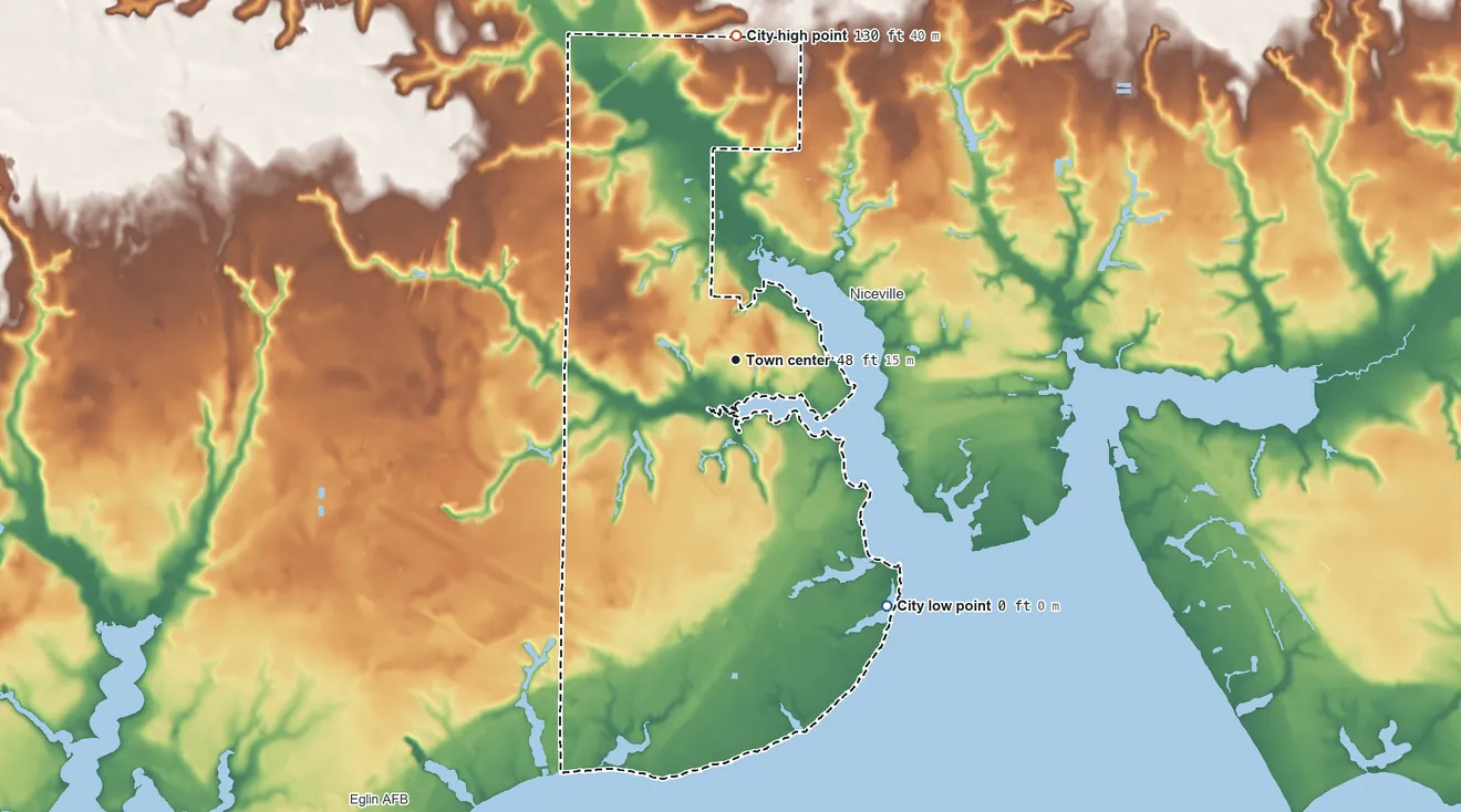 Topographic elevation map of Valparaiso, Florida, shaded from sea level level on Choctawhatchee Bay to 130 ft on the north side