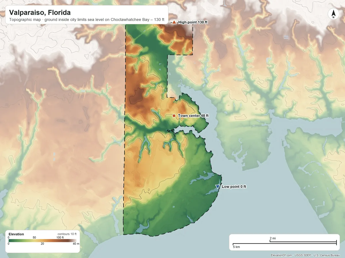 Topographic elevation map of Valparaiso, Florida, shaded from sea level level on Choctawhatchee Bay to 130 ft on the north side