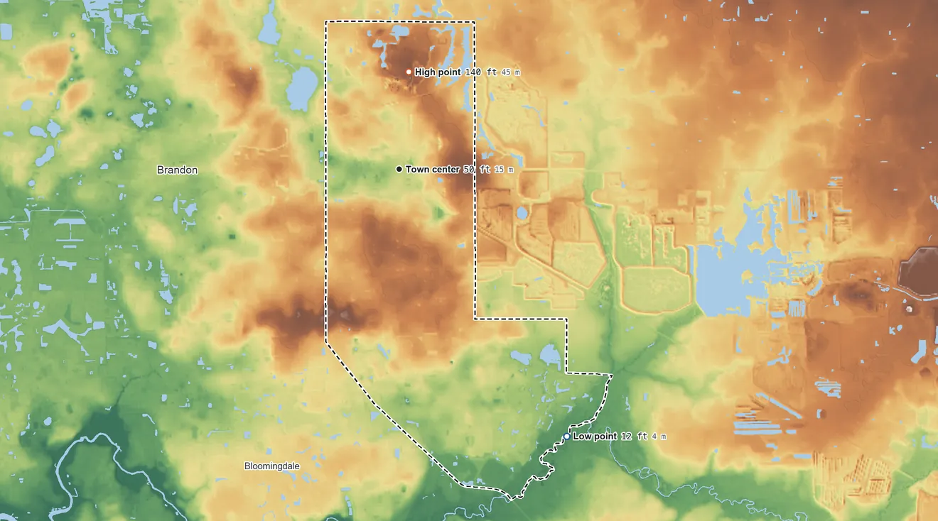Topographic elevation map of Valrico, Florida, shaded from 12 ft on the southeast side to 140 ft on the north side