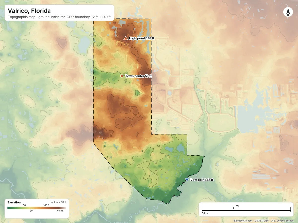 Topographic elevation map of Valrico, Florida, shaded from 12 ft on the southeast side to 140 ft on the north side
