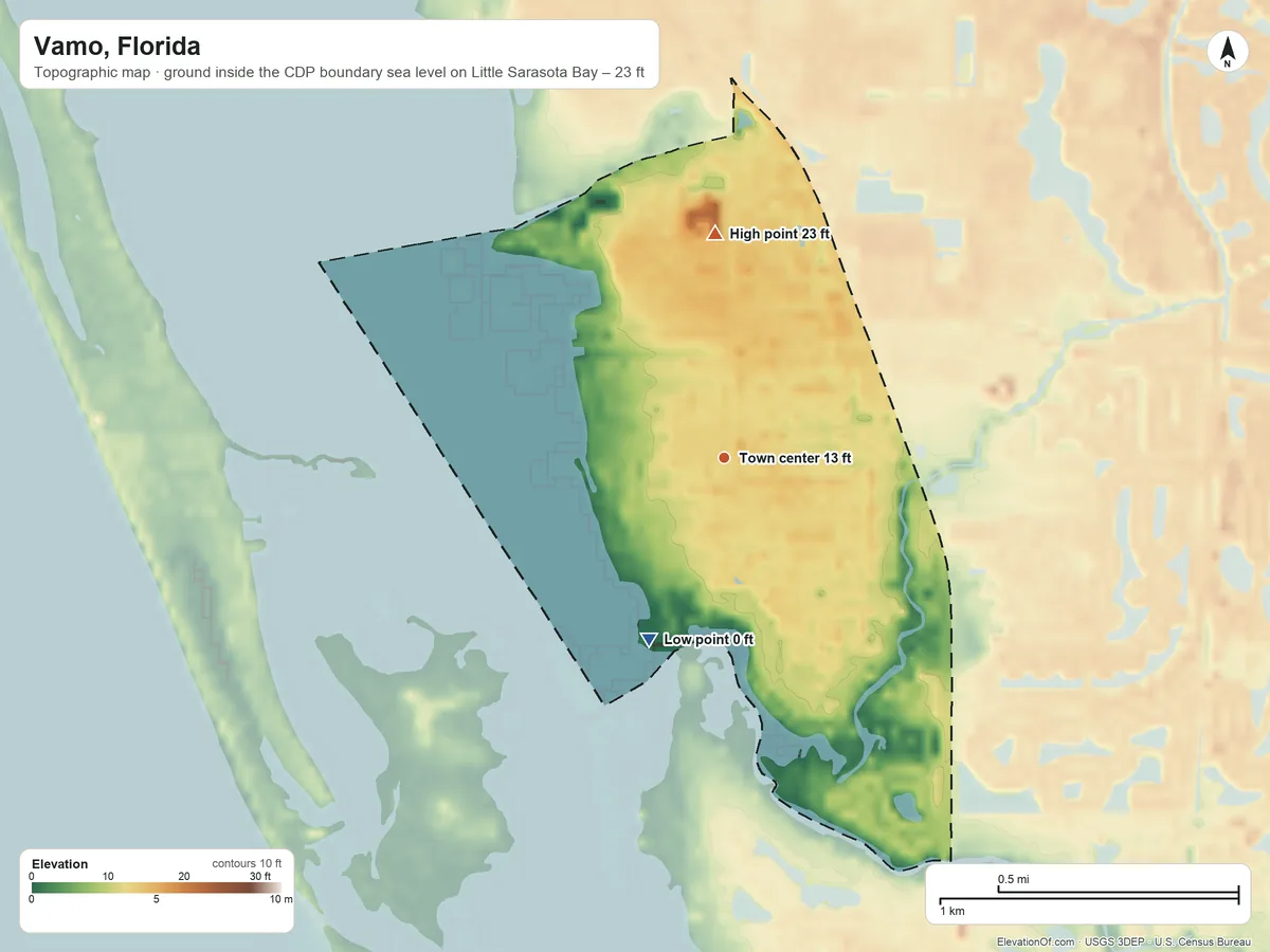 Topographic elevation map of Vamo, Florida, shaded from sea level level on Little Sarasota Bay to 23 ft on the north side