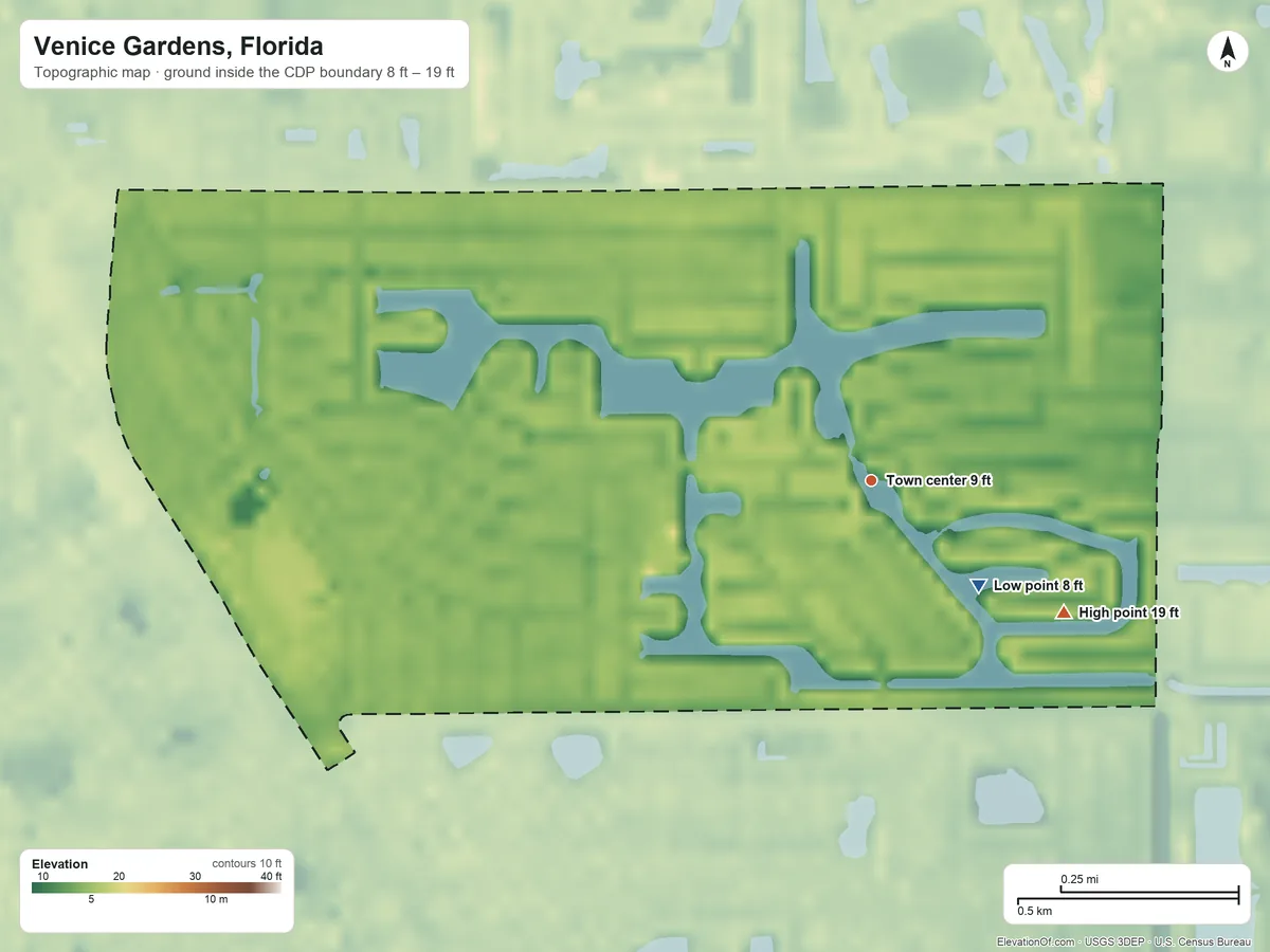 Topographic elevation map of Venice Gardens, Florida, shaded from 8 ft on the southeast side to 19 ft on the southeast side