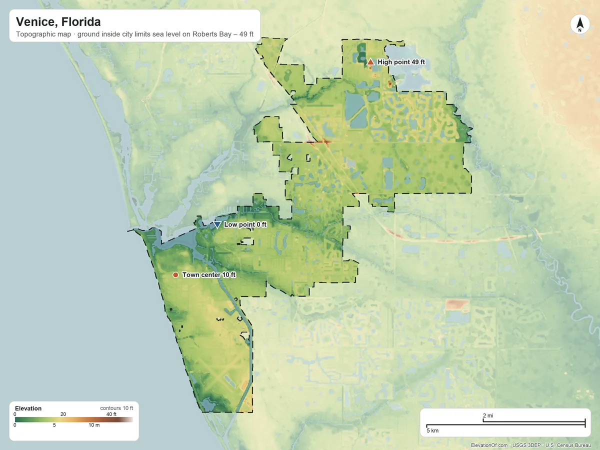Topographic elevation map of Venice, Florida, shaded from sea level level on Roberts Bay to 49 ft on the northeast side