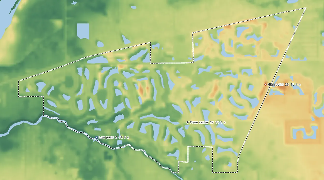 Topographic elevation map of Verandah, Florida, shaded from 0 ft on the west side to 20 ft on the northeast side