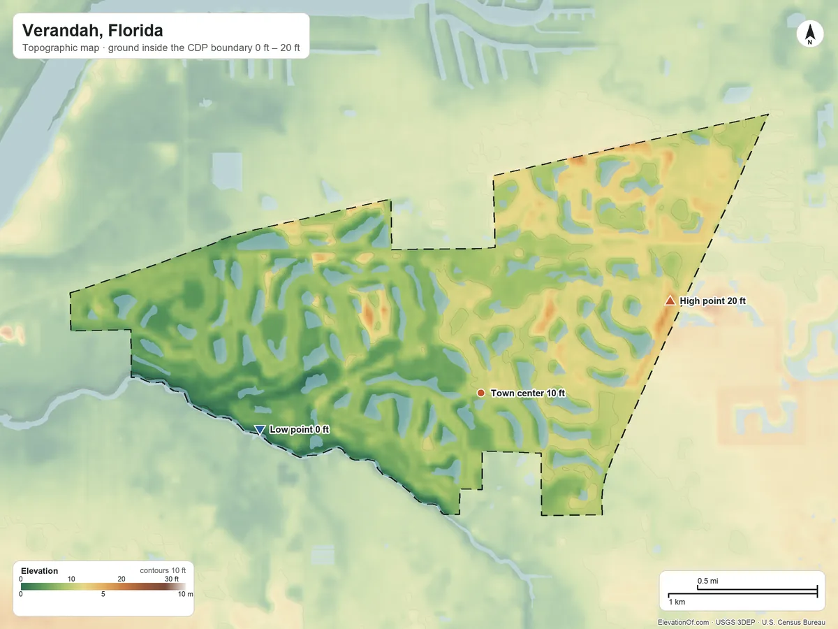 Topographic elevation map of Verandah, Florida, shaded from 0 ft on the west side to 20 ft on the northeast side