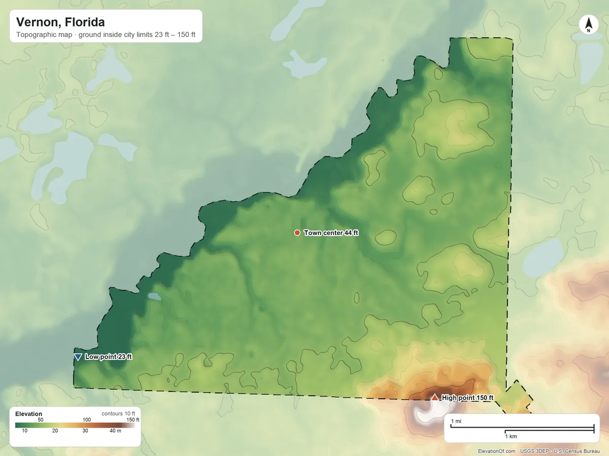 Topographic elevation map of Vernon, Florida, shaded from 23 ft on the southwest side to 150 ft on the southeast side