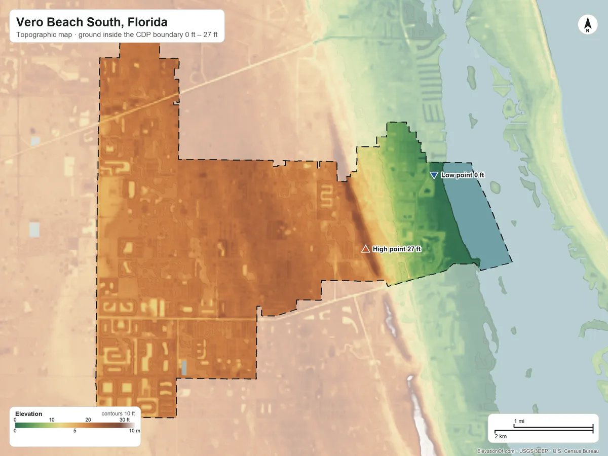 Topographic elevation map of Vero Beach South, Florida, shaded from 0 ft on the east side to 27 ft on the east side