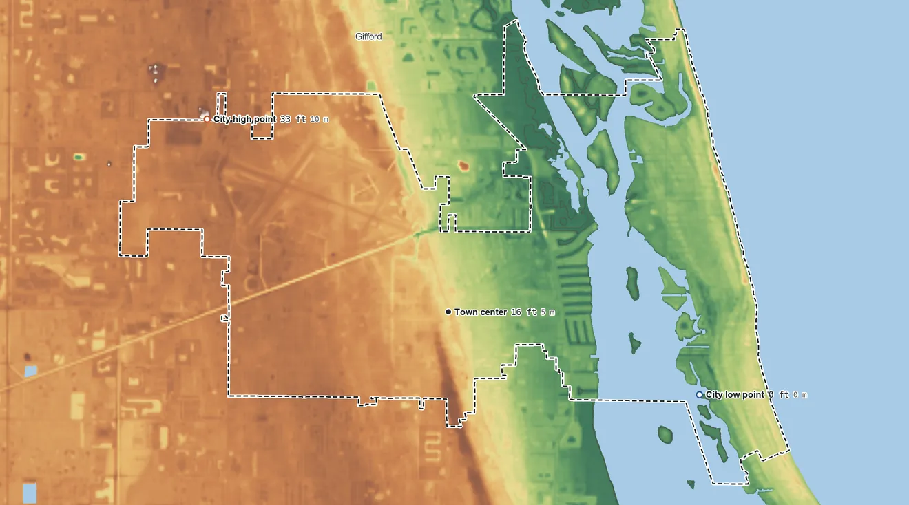 Topographic elevation map of Vero Beach, Florida, shaded from sea level level on the Atlantic Ocean to 33 ft on the northwest side