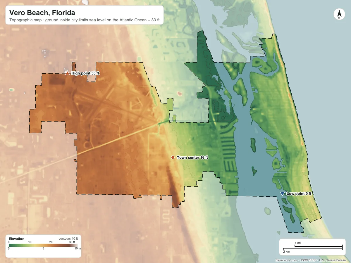 Topographic elevation map of Vero Beach, Florida, shaded from sea level level on the Atlantic Ocean to 33 ft on the northwest side