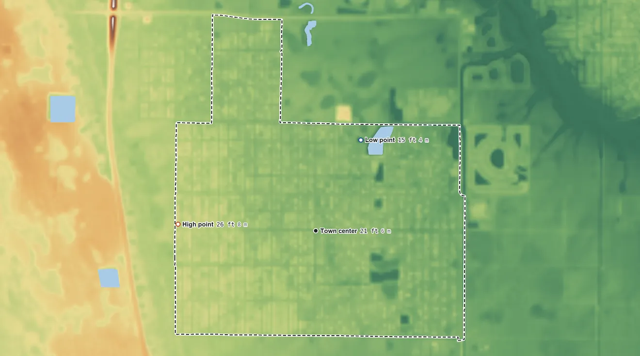 Topographic elevation map of Vero Lake Estates, Florida, shaded from 15 ft on the northeast side to 26 ft on the west side