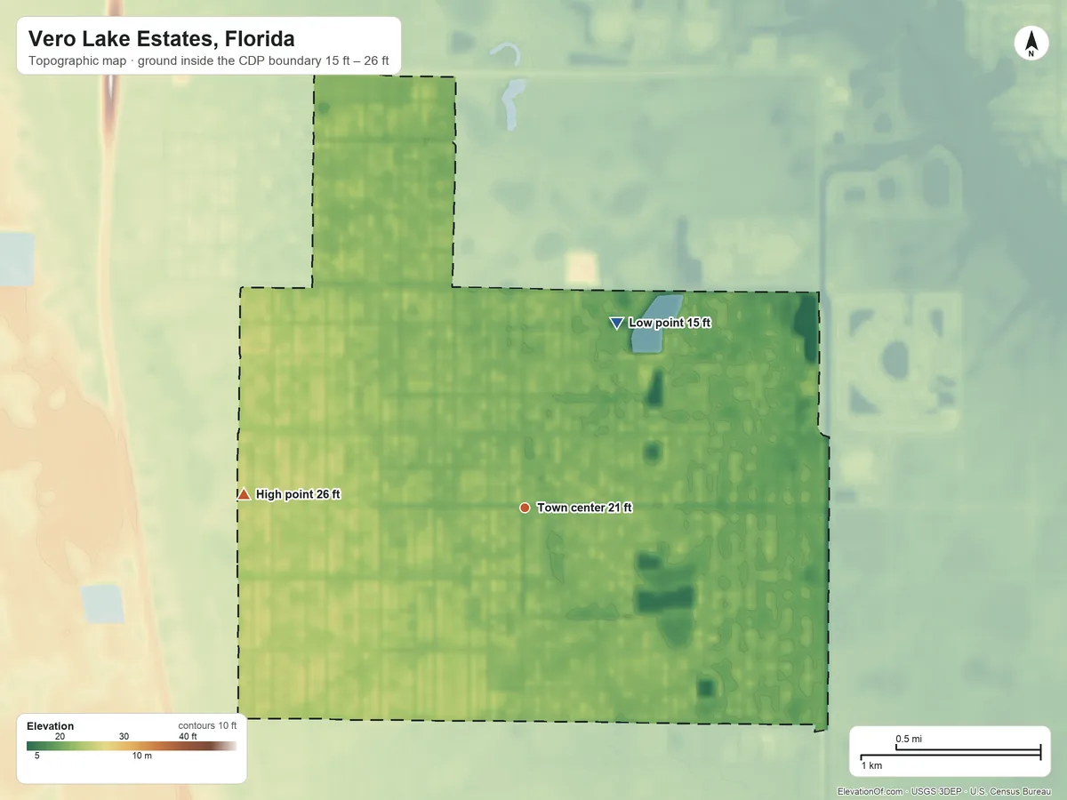 Topographic elevation map of Vero Lake Estates, Florida, shaded from 15 ft on the northeast side to 26 ft on the west side