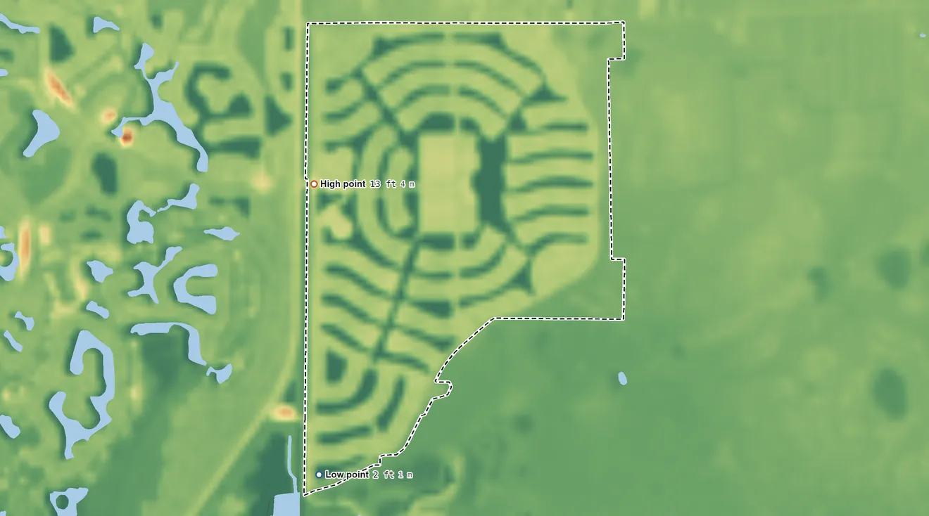 Topographic elevation map of Verona Walk, Florida, shaded from 2 ft on the southwest side to 13 ft on the west side