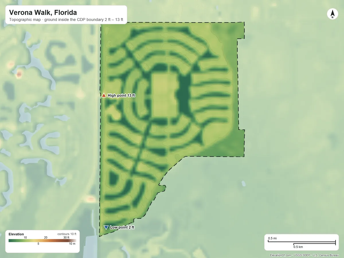 Topographic elevation map of Verona Walk, Florida, shaded from 2 ft on the southwest side to 13 ft on the west side