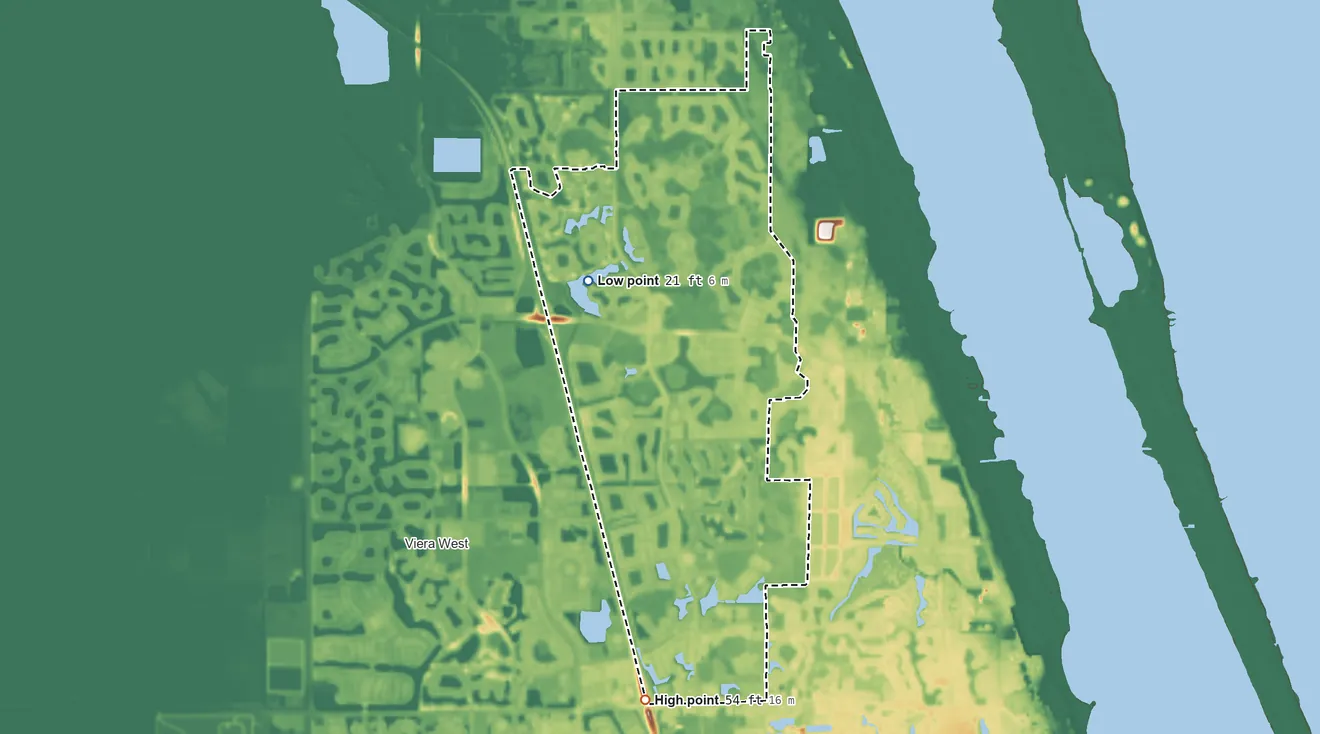 Topographic elevation map of Viera East, Florida, shaded from 21 ft on the northwest side to 54 ft on the south side