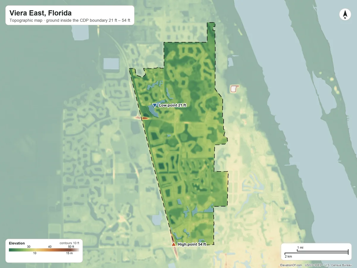 Topographic elevation map of Viera East, Florida, shaded from 21 ft on the northwest side to 54 ft on the south side