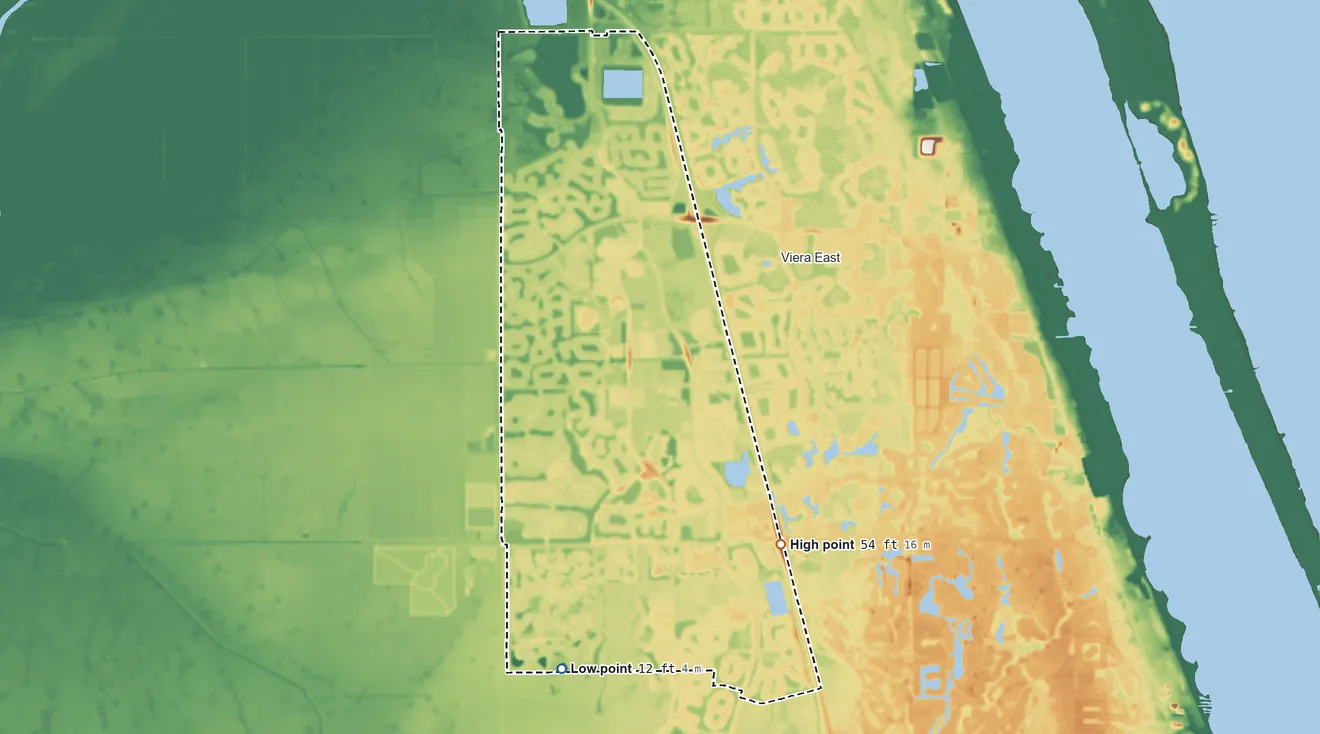 Topographic elevation map of Viera West, Florida, shaded from 12 ft on the south side to 54 ft on the southeast side