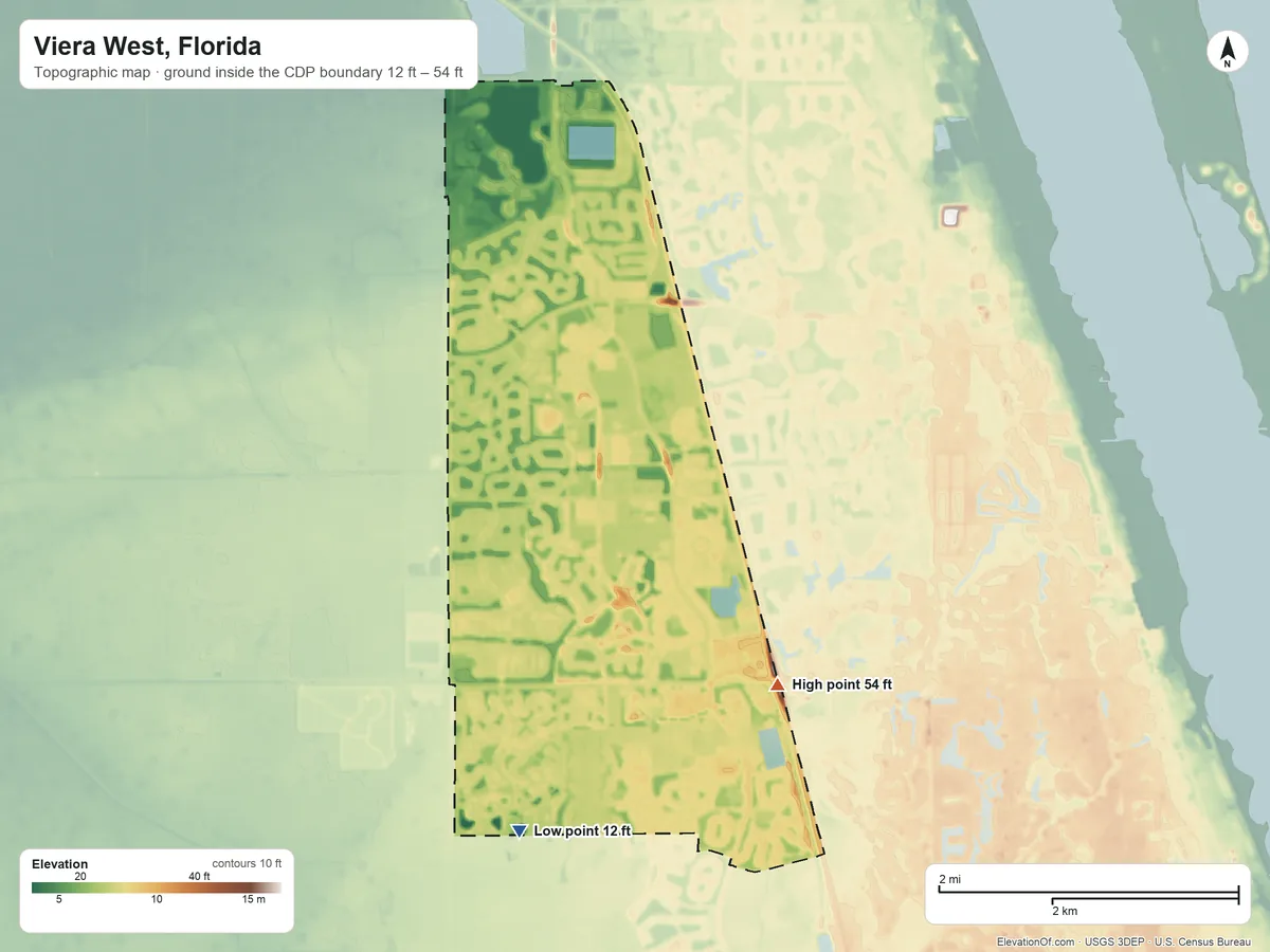 Topographic elevation map of Viera West, Florida, shaded from 12 ft on the south side to 54 ft on the southeast side