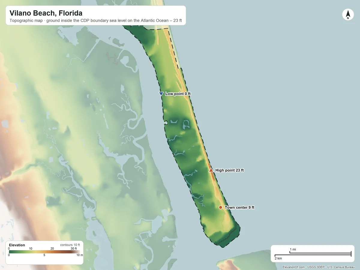 Topographic elevation map of Vilano Beach, Florida, shaded from sea level level on the Atlantic Ocean to 23 ft on the north side