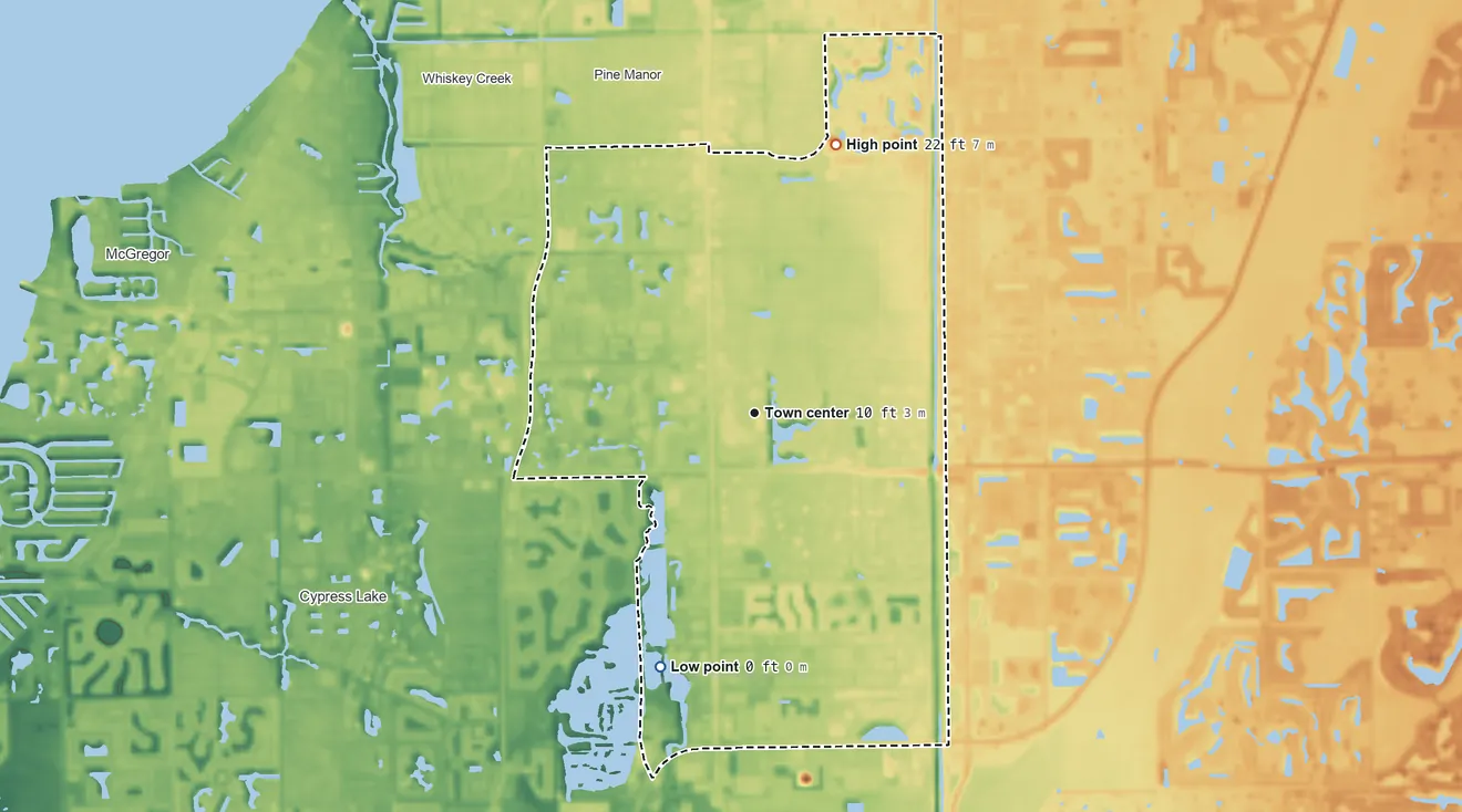 Topographic elevation map of Villas, Florida, shaded from 0 ft on the south side to 22 ft on the north side