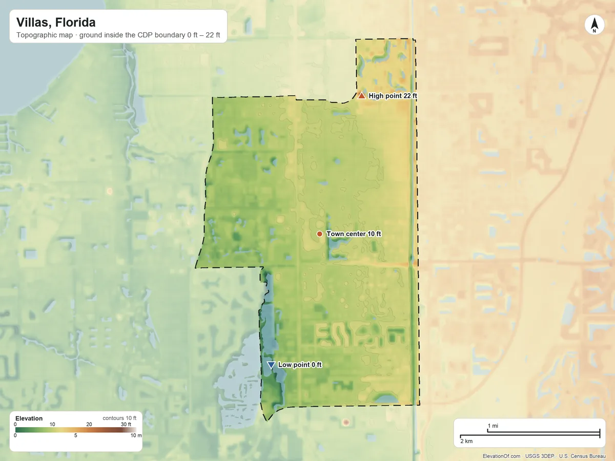 Topographic elevation map of Villas, Florida, shaded from 0 ft on the south side to 22 ft on the north side