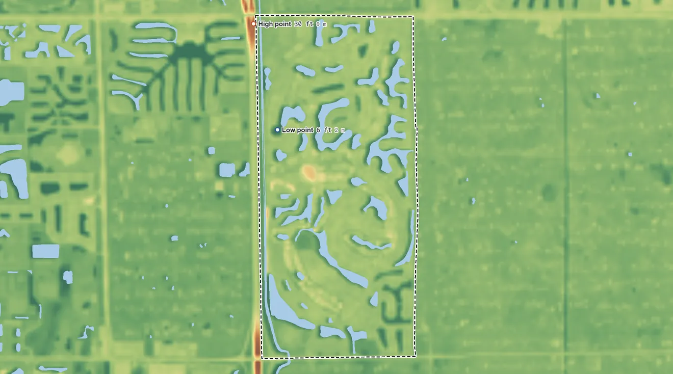 Topographic elevation map of Vineyards, Florida, shaded from 6 ft on the northwest side to 30 ft on the northwest side