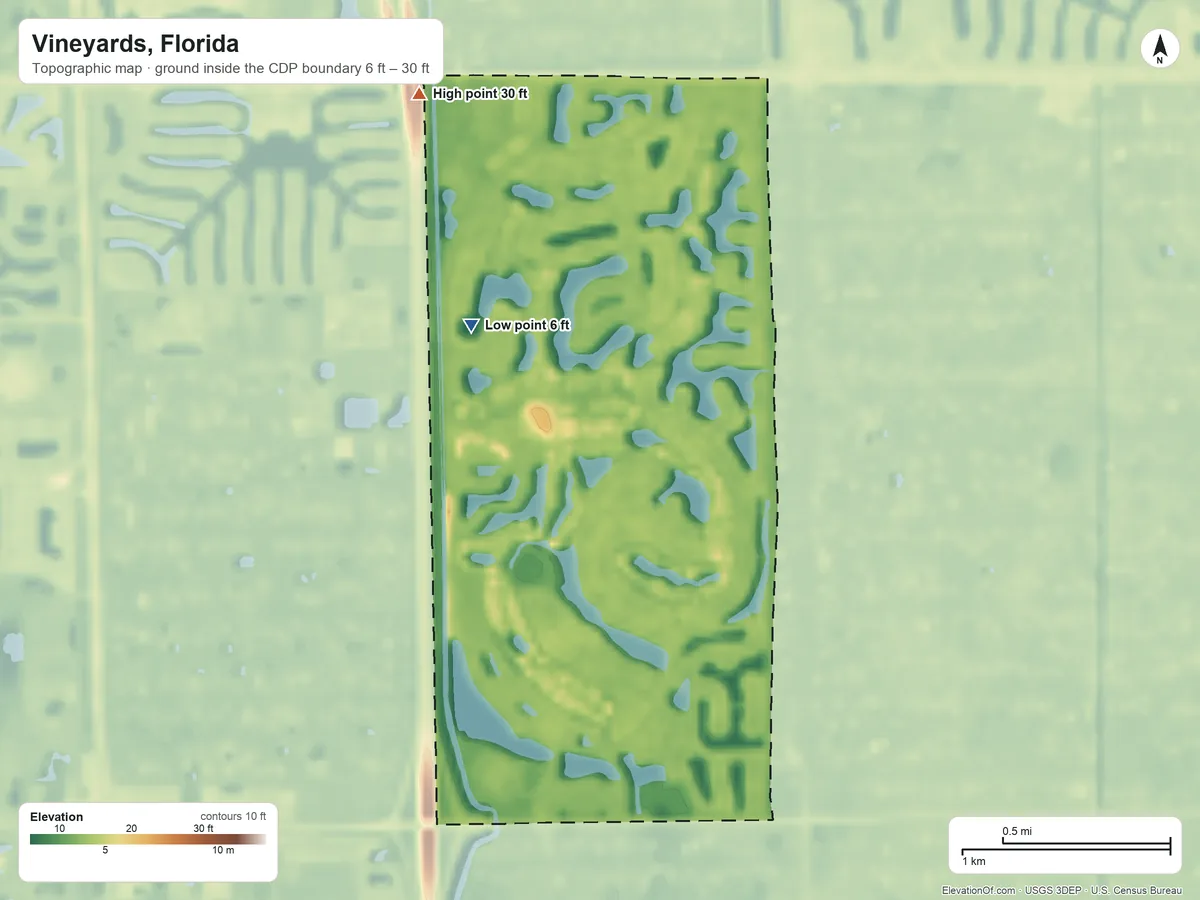 Topographic elevation map of Vineyards, Florida, shaded from 6 ft on the northwest side to 30 ft on the northwest side