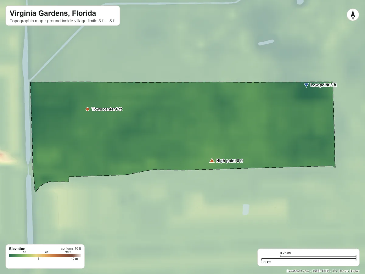 Topographic elevation map of Virginia Gardens, Florida, shaded from 3 ft on the east side to 8 ft on the southeast side