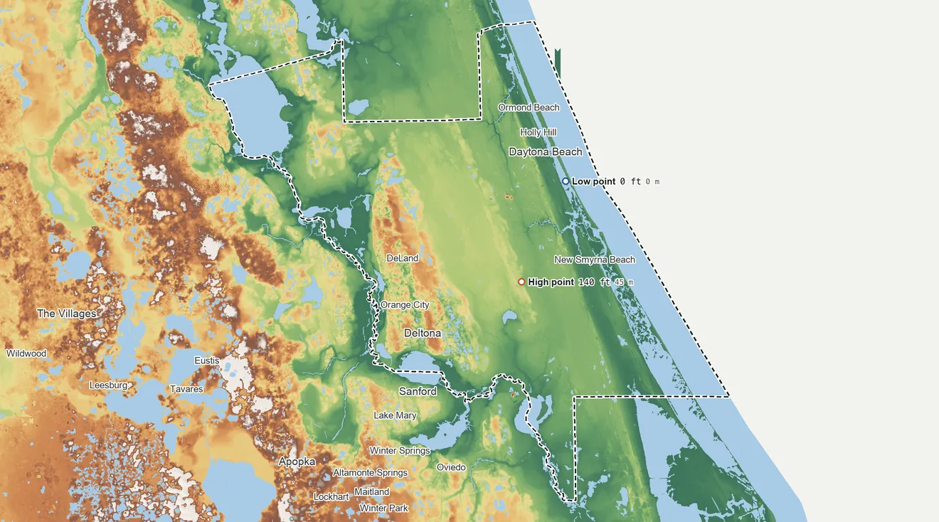 Topographic elevation map of Volusia County, Florida, shaded from sea level on the Atlantic Ocean to 140 ft near the middle