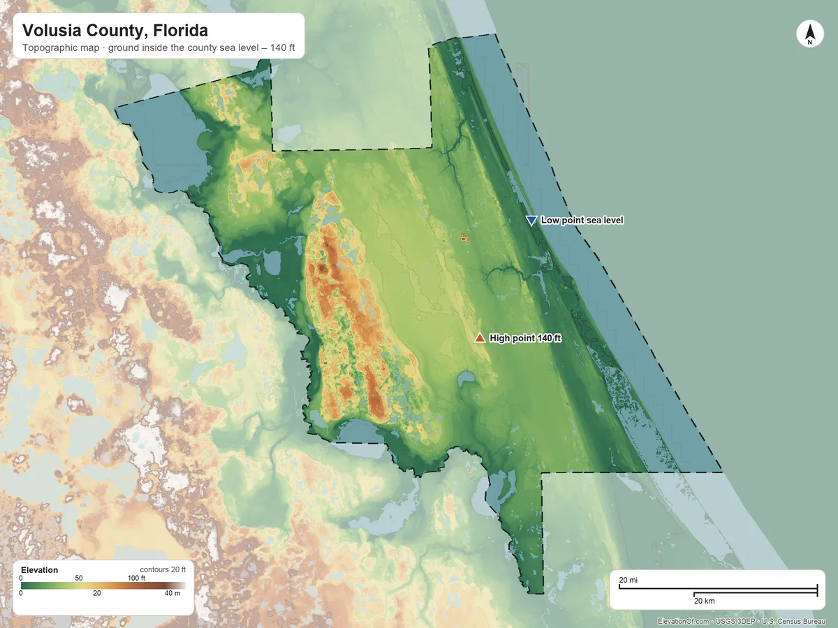Topographic elevation map of Volusia County, Florida, shaded from sea level on the Atlantic Ocean to 140 ft near the middle