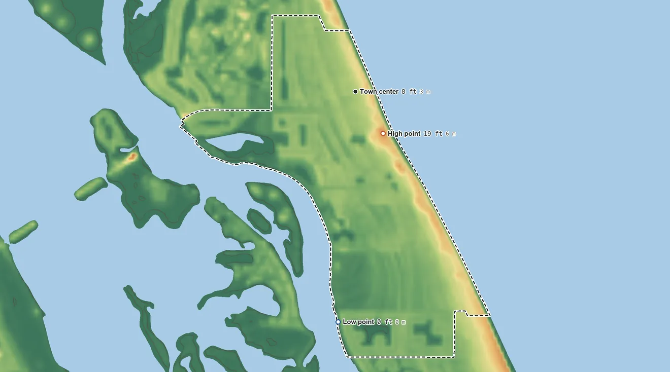 Topographic elevation map of Wabasso Beach, Florida, shaded from sea level level on the Atlantic Ocean to 19 ft on the southeast side