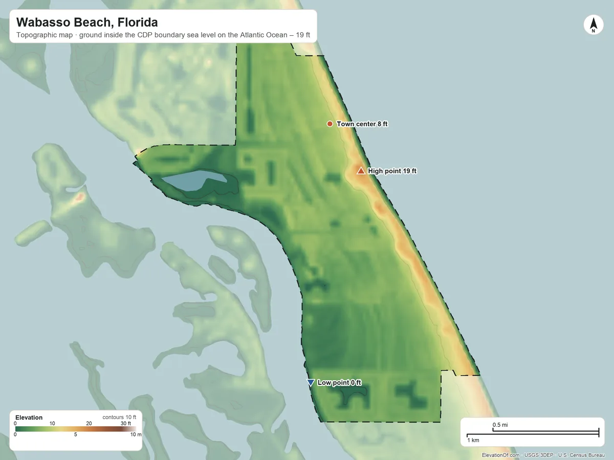 Topographic elevation map of Wabasso Beach, Florida, shaded from sea level level on the Atlantic Ocean to 19 ft on the southeast side