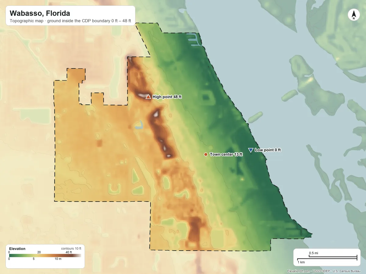 Topographic elevation map of Wabasso, Florida, shaded from 0 ft on the east side to 48 ft on the northwest side