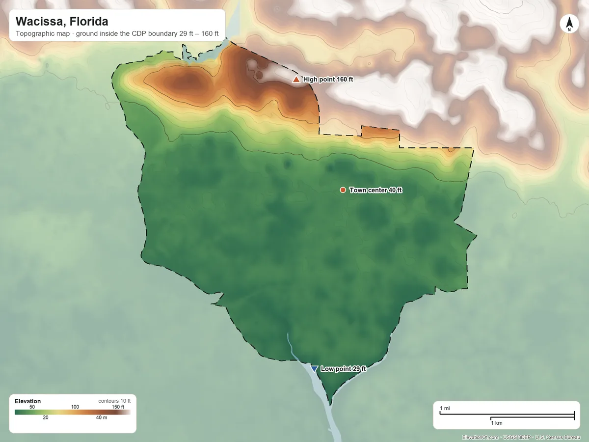 Topographic elevation map of Wacissa, Florida, shaded from 29 ft on the south side to 160 ft on the northwest side