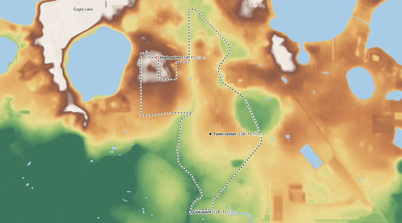 Topographic elevation map of Wahneta, Florida, shaded from 110 ft on the south side to 150 ft on the northwest side