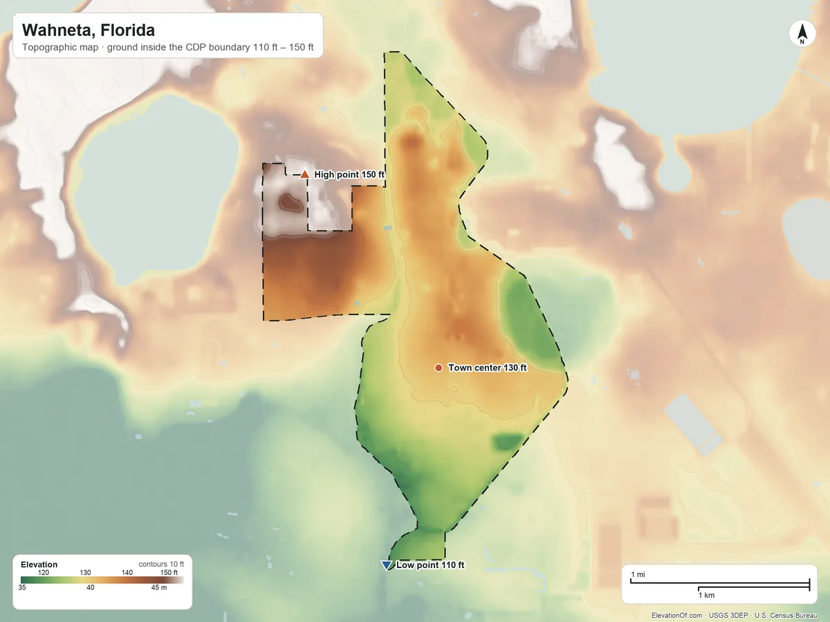 Topographic elevation map of Wahneta, Florida, shaded from 110 ft on the south side to 150 ft on the northwest side