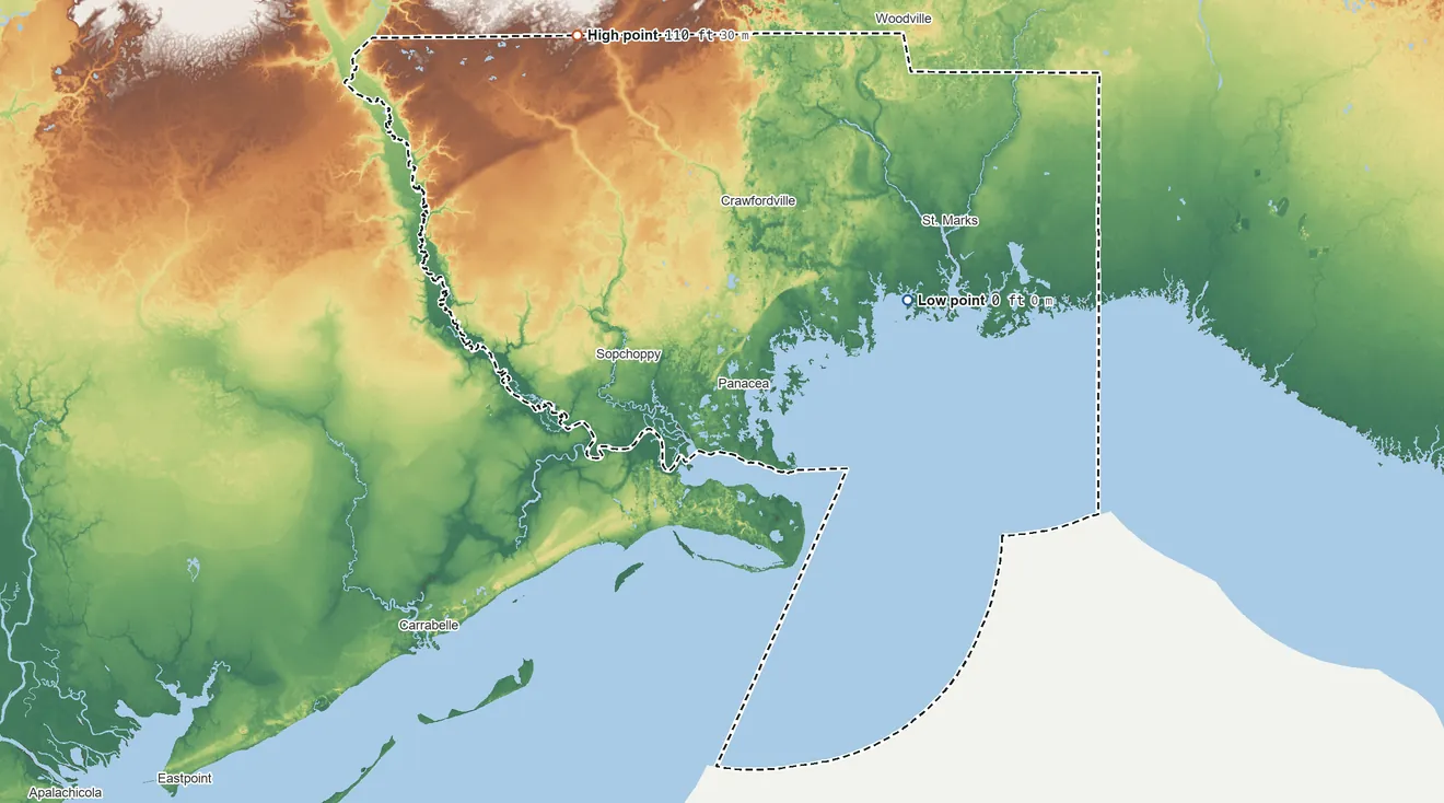Topographic elevation map of Wakulla County, Florida, shaded from sea level on Kitchen Cove to 110 ft on the north side