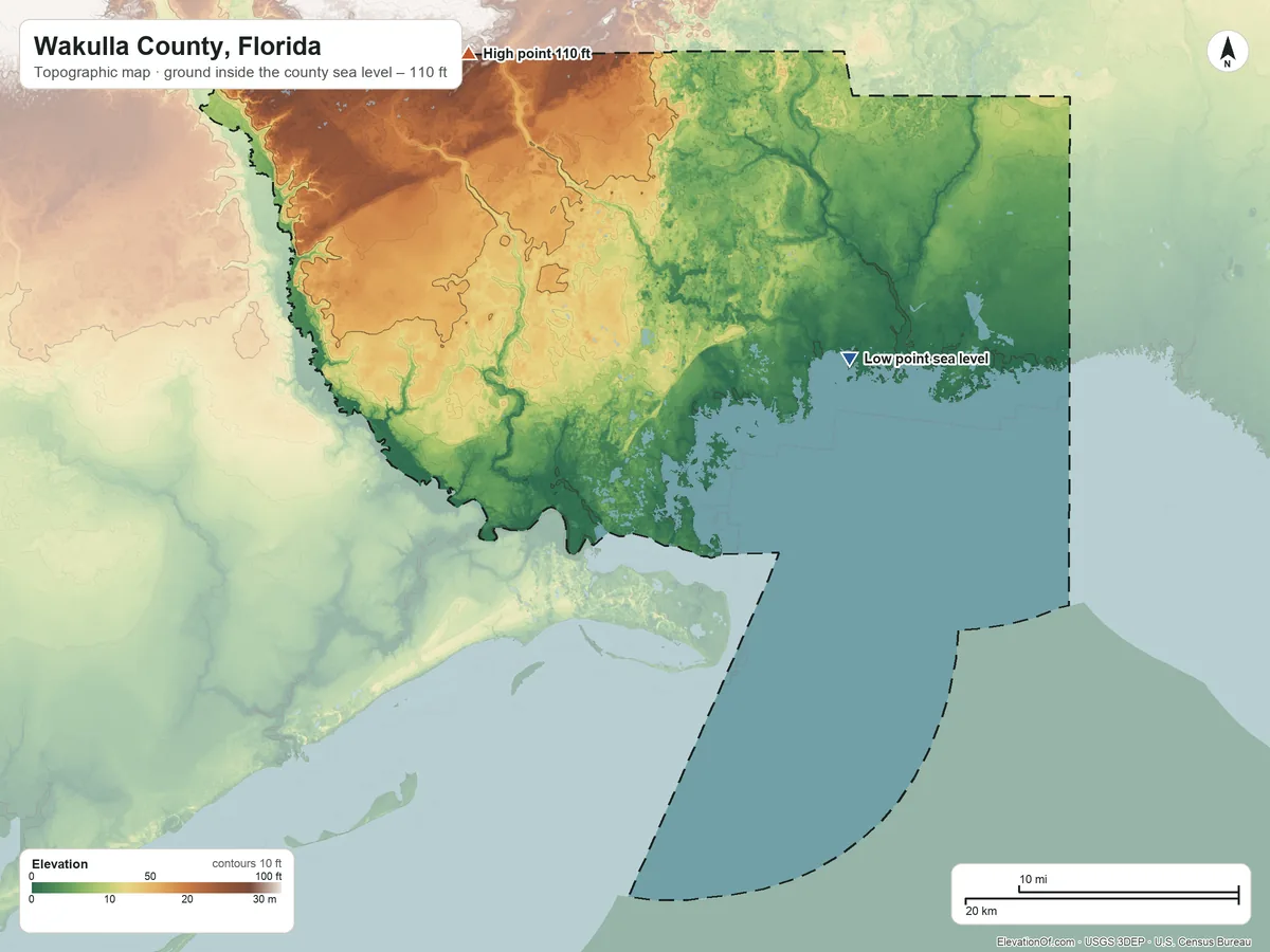 Topographic elevation map of Wakulla County, Florida, shaded from sea level on Kitchen Cove to 110 ft on the north side