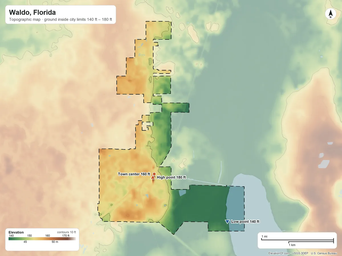 Topographic elevation map of Waldo, Florida, shaded from 140 ft on the southeast side to 180 ft near the middle