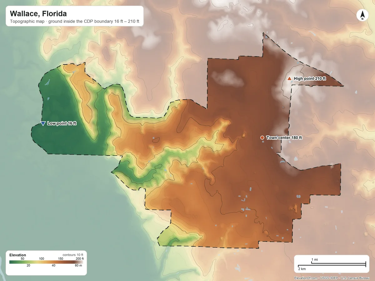 Topographic elevation map of Wallace, Florida, shaded from 16 ft on the west side to 210 ft on the northeast side
