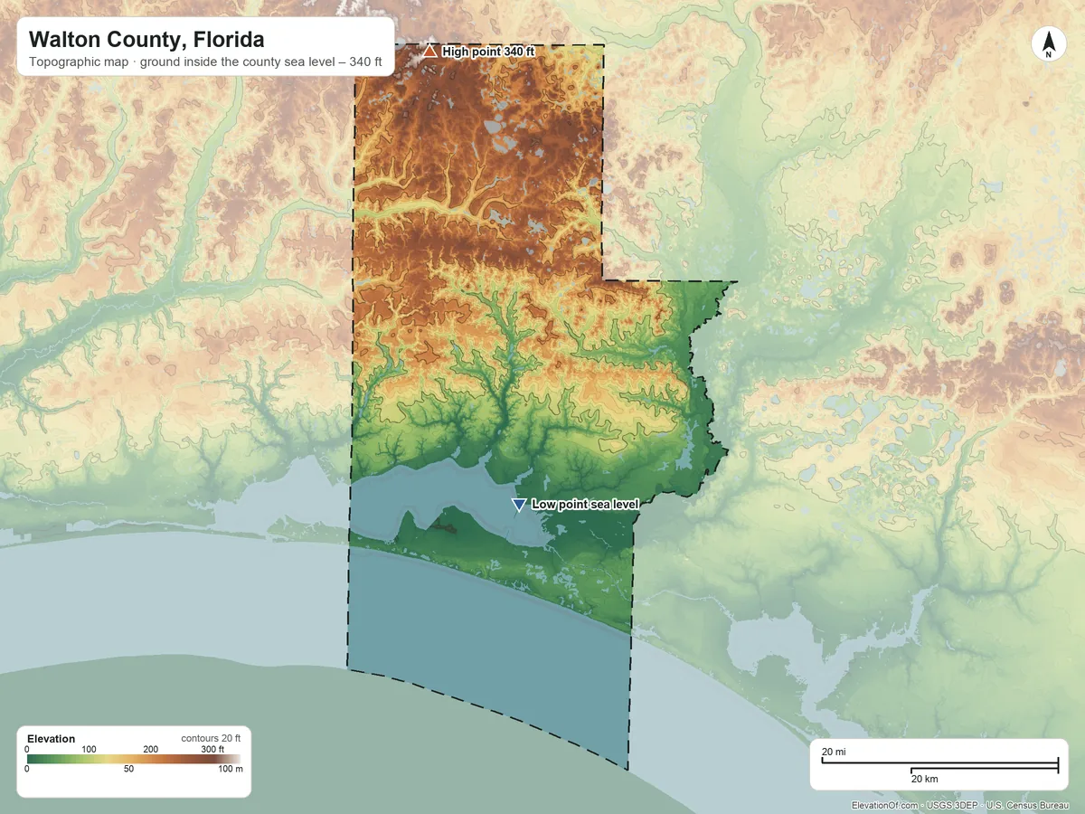 Topographic elevation map of Walton County, Florida, shaded from sea level on Choctawhatchee Bay to 340 ft on Britton Hill