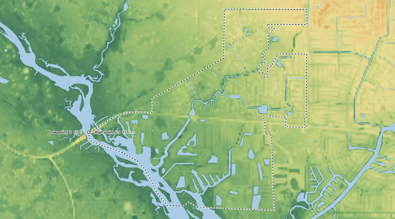 Topographic elevation map of Warm Mineral Springs, Florida, shaded from 0 ft on the west side to 19 ft on the west side