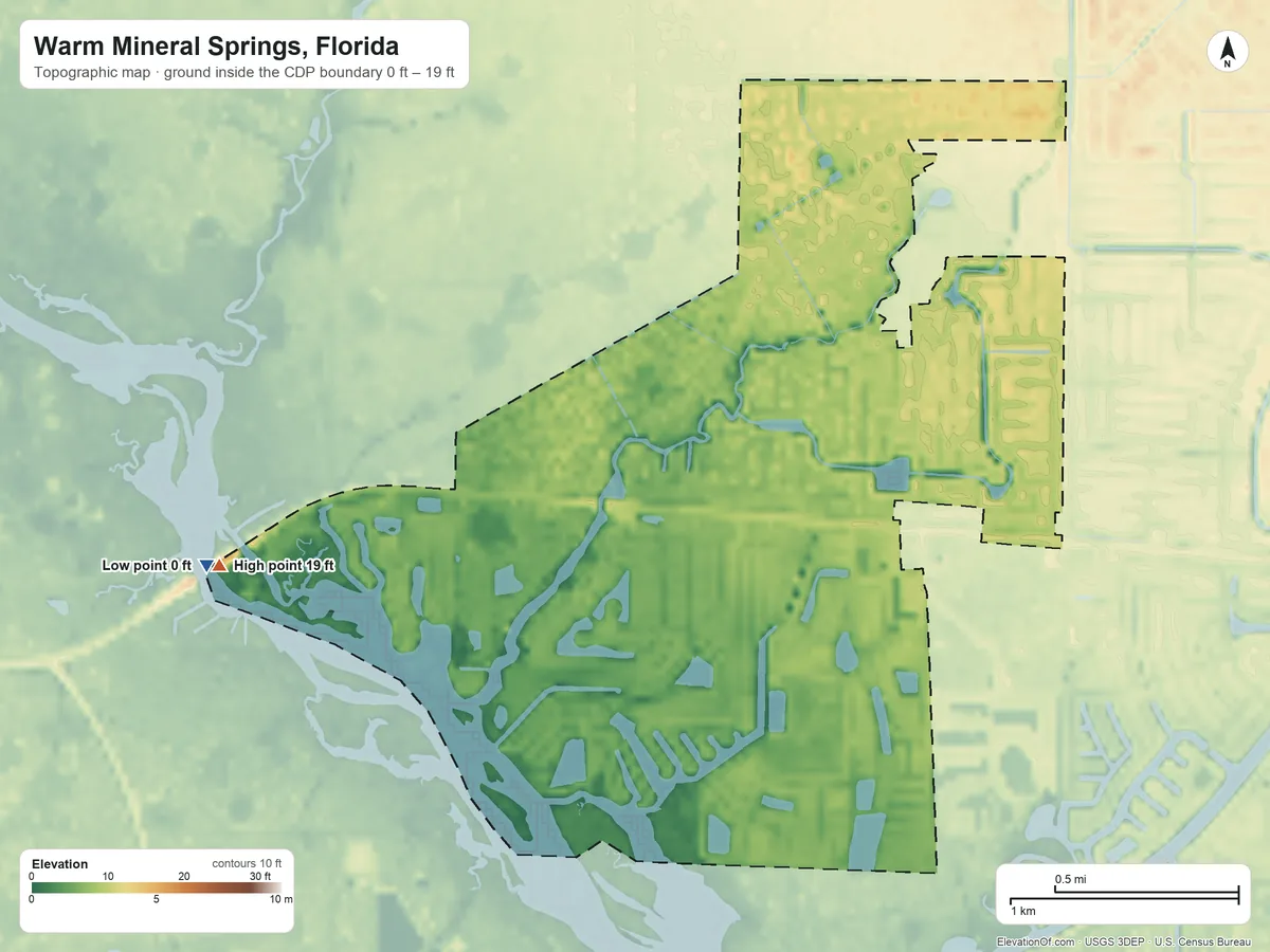 Topographic elevation map of Warm Mineral Springs, Florida, shaded from 0 ft on the west side to 19 ft on the west side