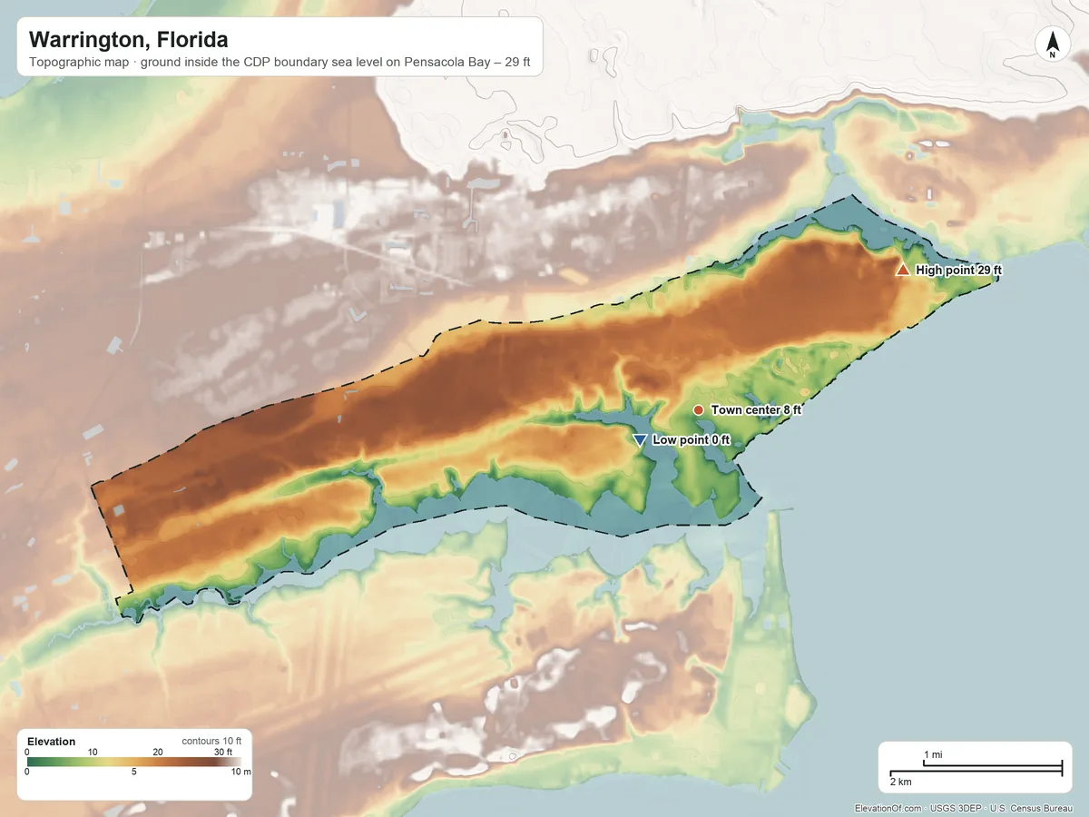 Topographic elevation map of Warrington, Florida, shaded from sea level level on Pensacola Bay to 29 ft on the northeast side