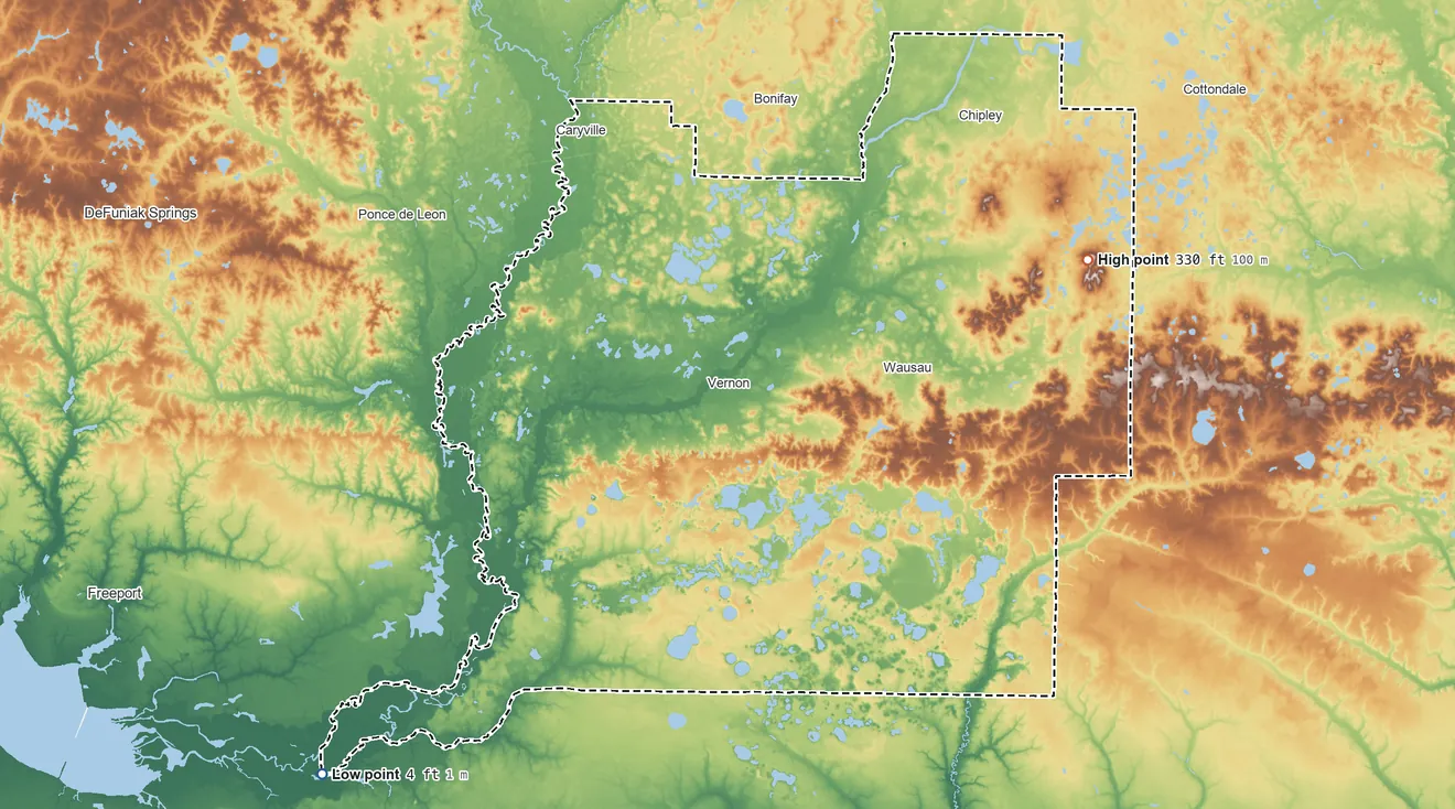 Topographic elevation map of Washington County, Florida, shaded from 4 ft on the southwest side to 330 ft on the east side