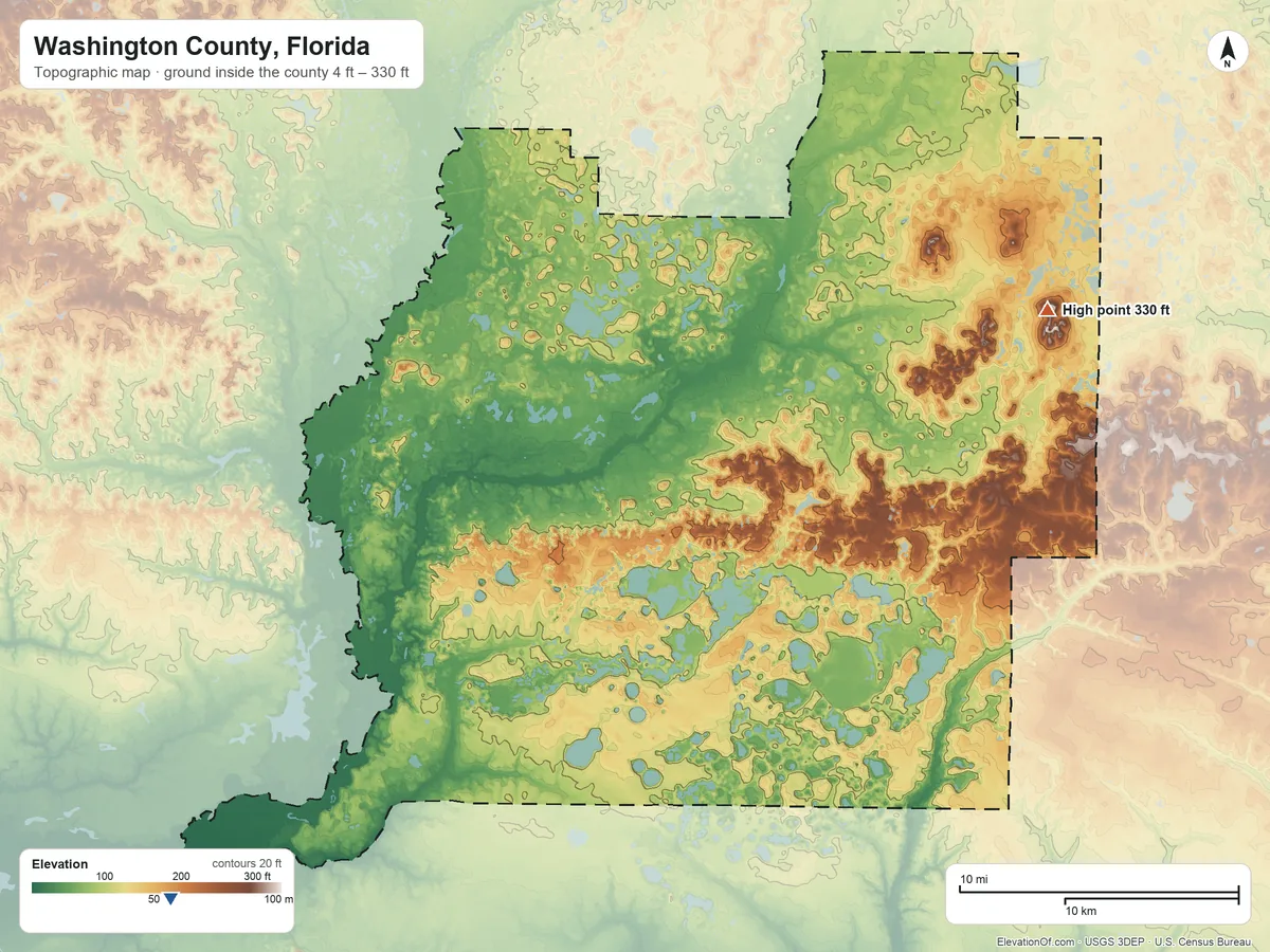 Topographic elevation map of Washington County, Florida, shaded from 4 ft on the southwest side to 330 ft on the east side